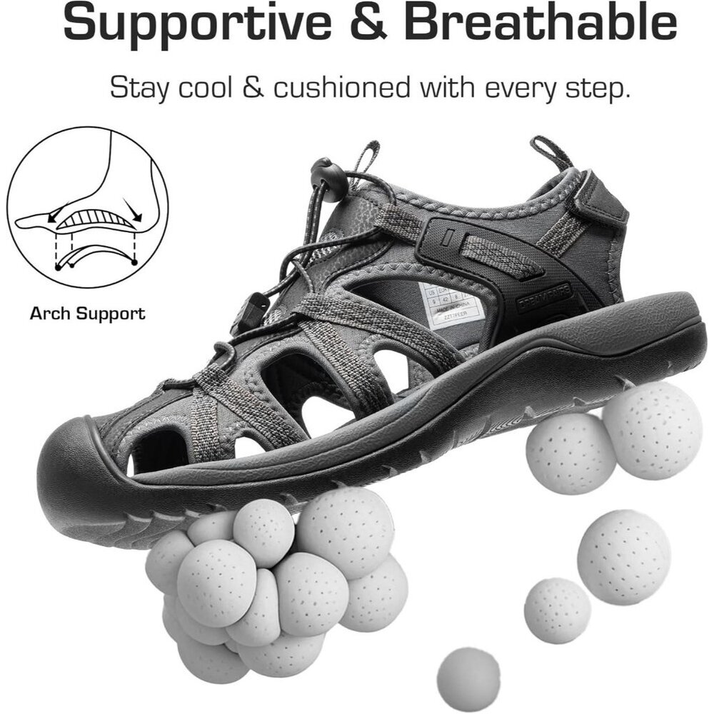 Hiking Sandals Men's Black Gray Athletic Cushioned Closed Toe Fisherman Shoes - Picture 3 of 8